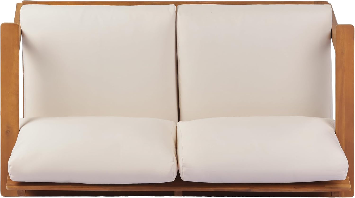 Christopher Knight Home Colmar 2 Pieces Conversation Set, Mid Century Patio Loveseat Sofa and Coffee Table, Outdoor Acacia Wood Loveseat and Table Set with Cushions in Slats Panels Design, Teak+ Beige