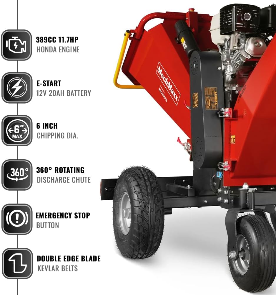 MechMaxx 6'' inch Honda 389cc 11.7HP Electric Start Gasoline Powered Engine 4-Wheels Towable Wood Chipper Shredder Mulcher with Towbar/Tail Light/Emergency Stop Button/Stop Bar, Model B150 Red
