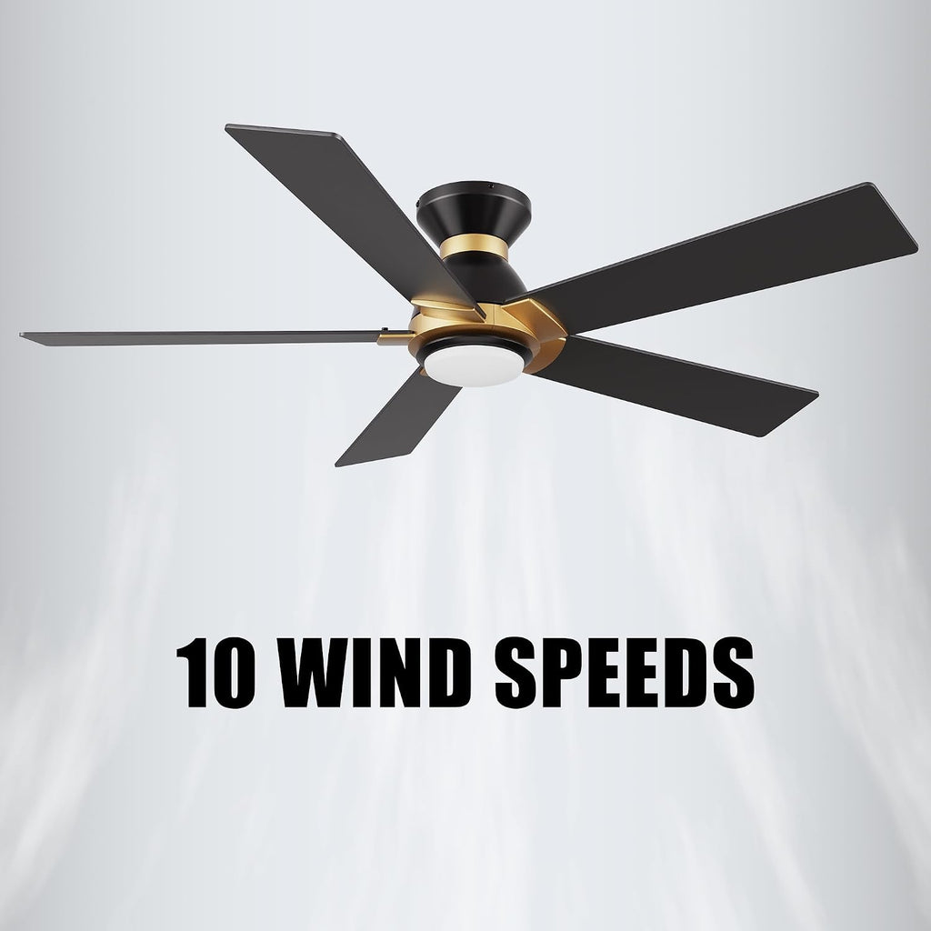 CEME Smart 52' Ceiling Fans with Lights Flush Mount, 3 Light Colors Dimmable, 10 Speeds DC Ceiling Fan with Remote, Outdoor Ceiling Fan Compatible with Alexa, Siri & Google Home, Black Gold