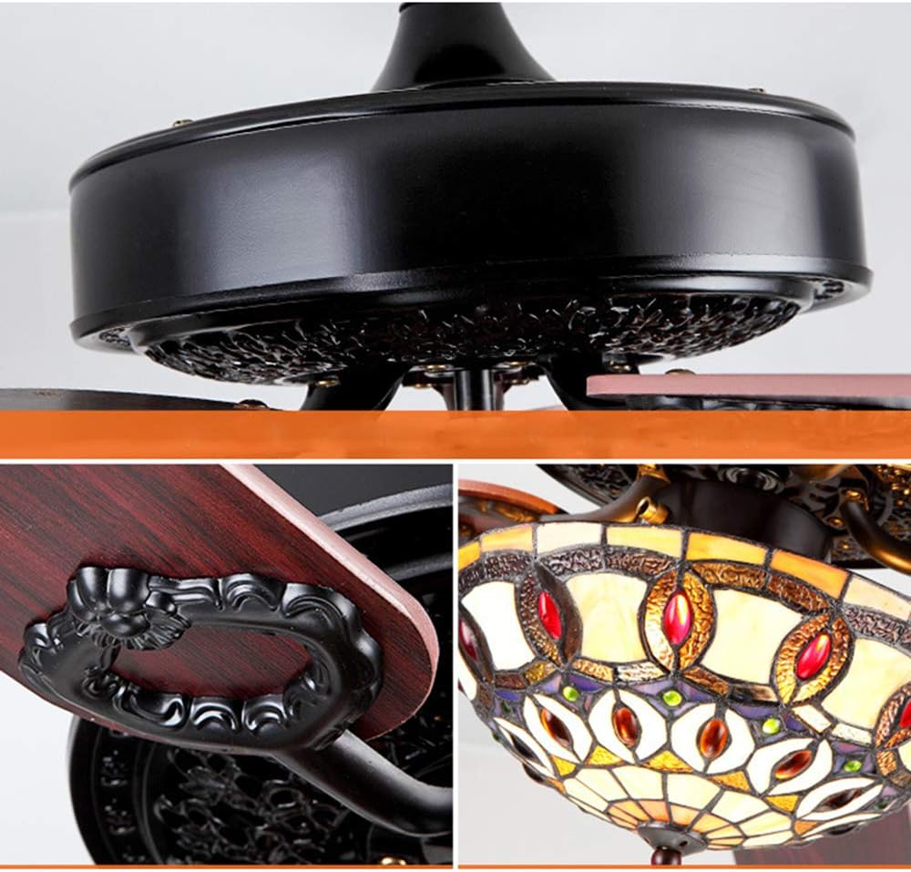TFCFL 52' Ceiling Fan with Light, Tiffany Style Retro Stained Glass Chandelier Fan with Controller 4 Reversible Wood Blades 3-Speed (Black)