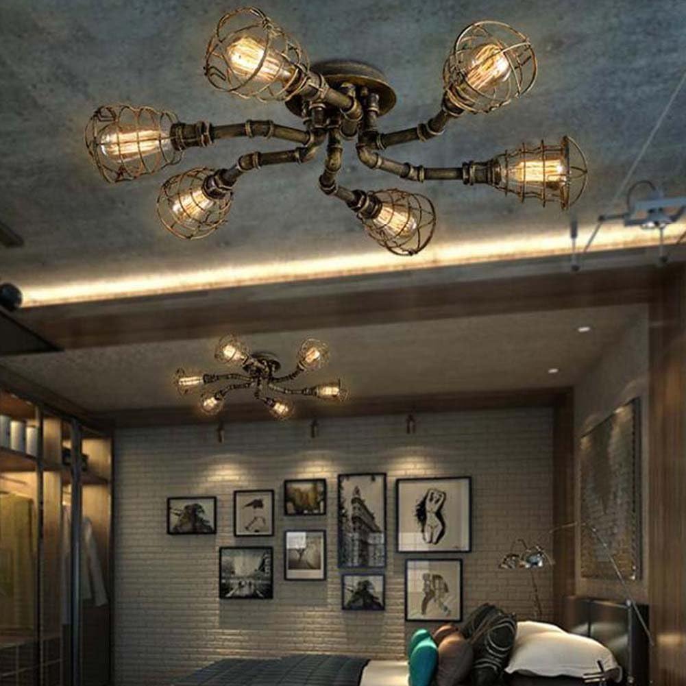 LITFAD Vintage Flush Mount Ceiling Light 6 Lights Industrial Cage Pipe Pendant Light Retro Iron Metal Ceiling Lamp Edison Close to Ceiling Light for Bedroom Dining Room Restaurant