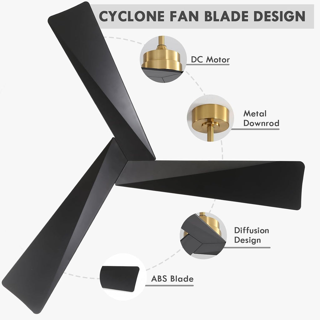 WINGBO 52' DC Ceiling Fan without Lights, Brass and Black Ceiling Fan with Remote, 3 ABS Plastic Blades, 6 Speed Reversible DC Motor, Ceiling Fans No Light for Kitchen Bedroom Living Room