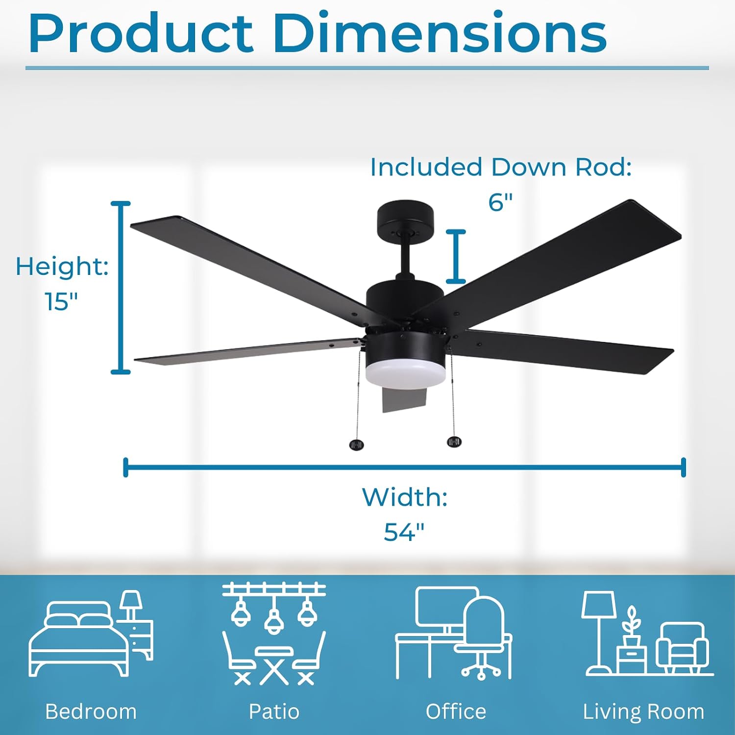 54 Inch Ceiling Fan with LED Light Matte Black Indoor/Outdoor Ceiling Fan with Pull Chain Dimmable 3-Color Temperature 3000K 4000K 5000K Reversible Motor for Bedroom Living Room Patio