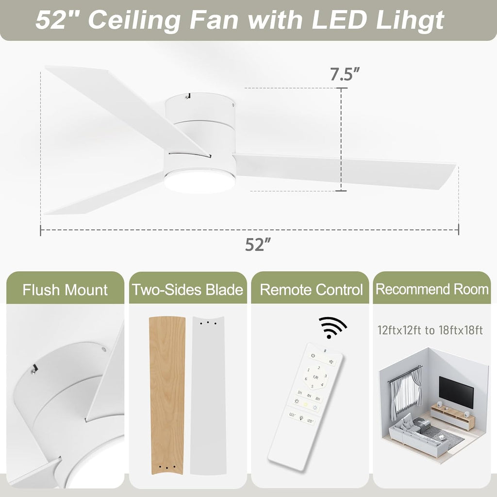 GESUM Flush Mount Ceiling Fan with Lights, 52' Low Profile Ceiling Fans with Remote Control, Dimmable, Quiet DC Motor, Reversible, Outdoor Ceiling Fans for Patios Bedroom Kitchen Porch