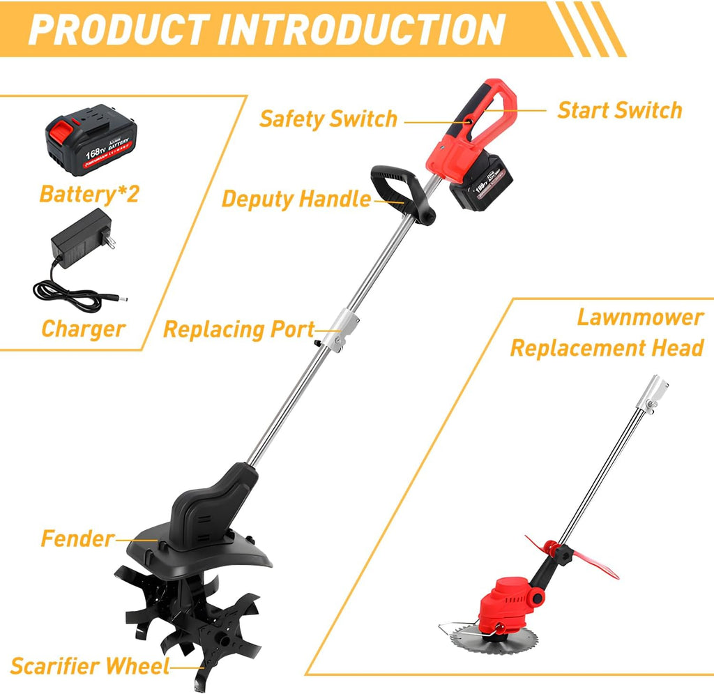 Cordless Hand Held Cultivator Tiller, 21V Electric Garden Tiller, Electric Garden Tiller, Battery Powered Cordless Tiller, with Steel Tines, for Orchard, Farm, Garden,2×4AH