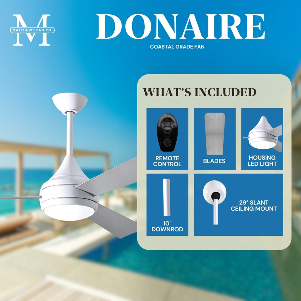 Matthews DA-WH-BS Donaire Outdoor Wet/Salt Water Rated 52' Marine-Grade Coastal Ceiling Fan with LED Light & Remote, Gloss White with Brushed Stainless
