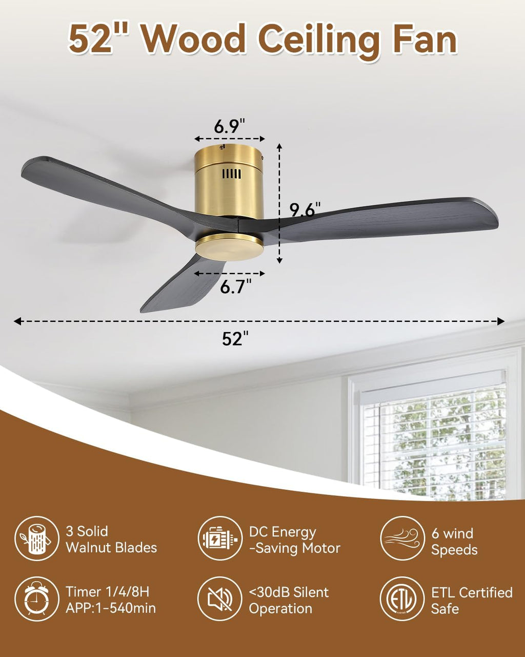 Sofucor 52' Solid Wood Low Profile Flush Mount Ceiling Fan No Light, Outdoor Modern Ceiling Fan without Light works with Alexa/Google/App6-Speed, 3-Timer, Reversible DC Motor for Living Room Bedroom