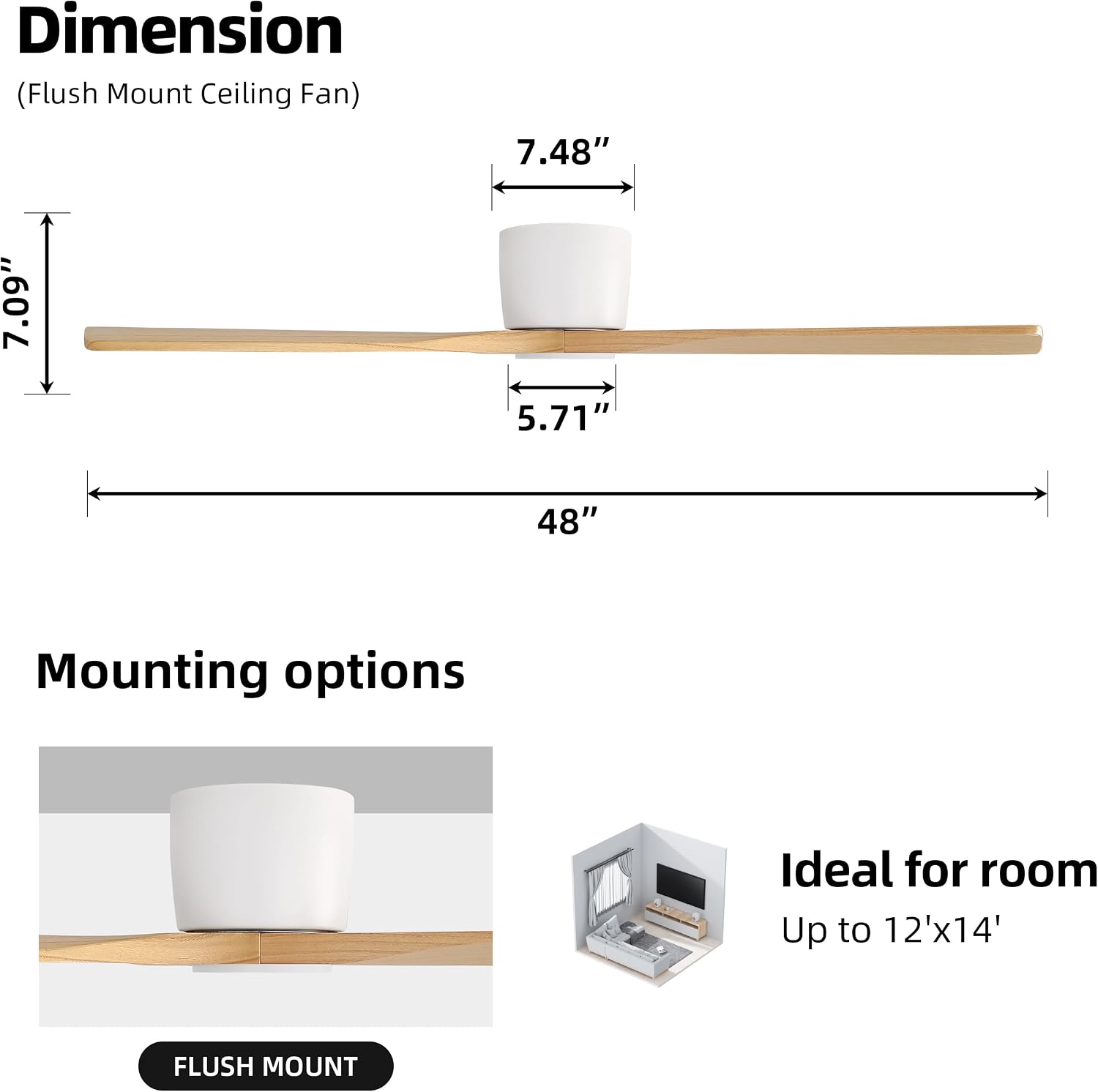WINGBO 48 Inch Flush Mount DC Ceiling Fan without Lights, 3 Carved Wood Blades, 6-Speed Noiseless Reversible DC Motor, Hugger Ceiling Fan No Lights in White Finish with Oak Blades, ETL Listed