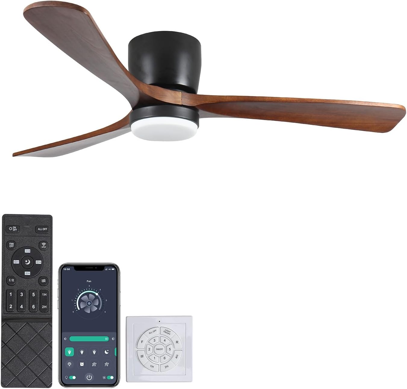 Ceiling Fan with Light 42 Inch, Flush Mount Low Profile Fan with Remote & App, Quiet DC Motor, 6 Speeds, Reversible Modern Fan for Bedroom Living Room Patio, Black dark Walnut