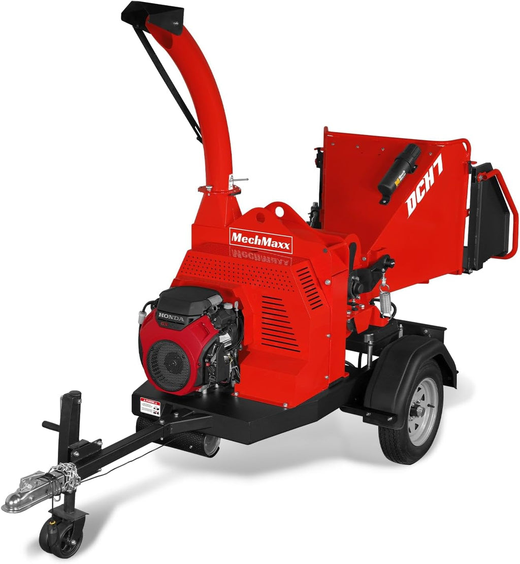 MechMaxx 7'' inch Honda 688cc 22HP Twin Cylinder Electric Starting Gasoline Powered Engine Hydraulic Feeding Towable Wood Chipper Shredder Mulcher with Towbar/Tail Light/Emergency Stop Bar, DCH7