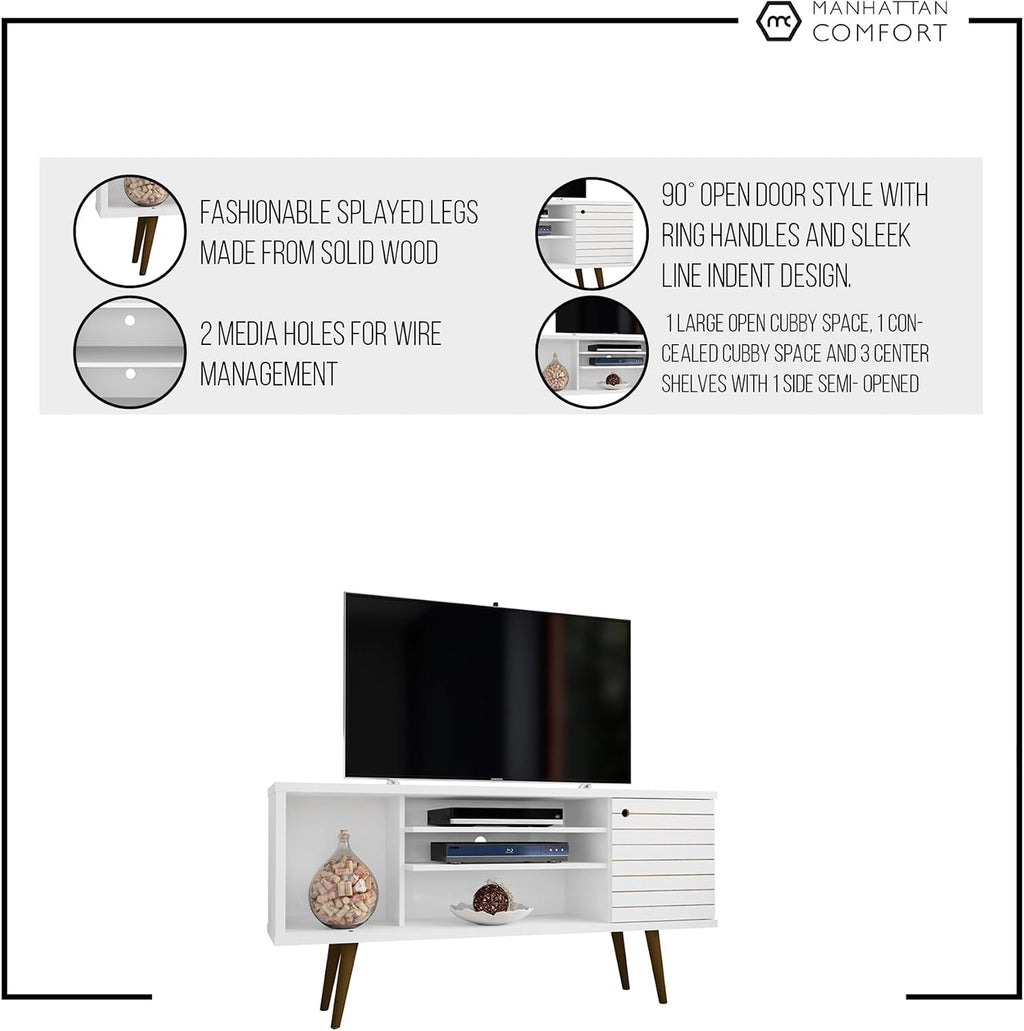 Manhattan Comfort Liberty Mid Century Modern TV Stand for Televisions up to 50 Inches, Bedroom and Living Room Entertainment Center with Storage, Shelves, and Cabinet, 53' Wide, White/3d Print