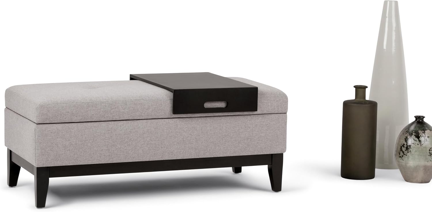 SIMPLIHOME Oregon Storage Ottoman Bench with Tray - 42 inch Wide Upholstered Linen Look Fabric Rectangle Storage Ottoman Bench in Cloud Grey, Transitional Tufted Ottoman for Living Room with Lift Top
