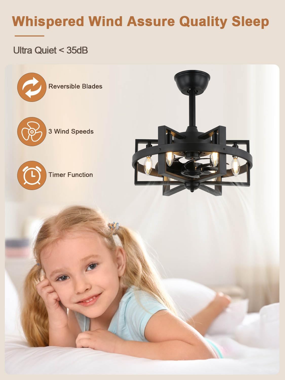 18.5 Inch 6-Lights Black Caged Ceiling Fan with Light, Retro Industrial Enclosed Modern Ceiling Fans with Remote Control, 3-Speed Farmhouse Ceiling Fan with Remote for Bedroom Living Room (Black)