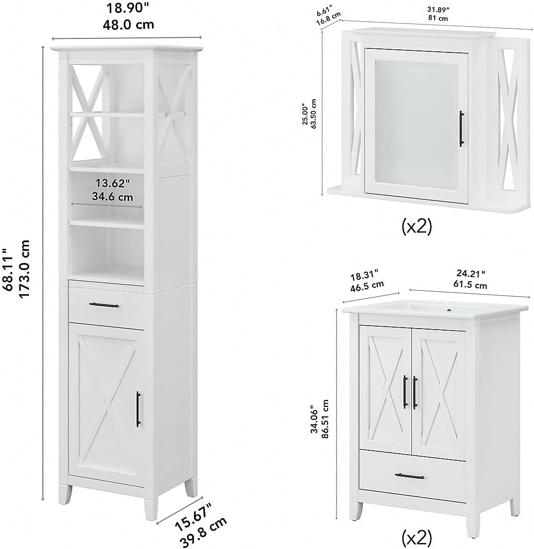 Bush Home Key West 48W Double Vanity Set with Sinks, Medicine Cabinets and Linen Tower in White Ash