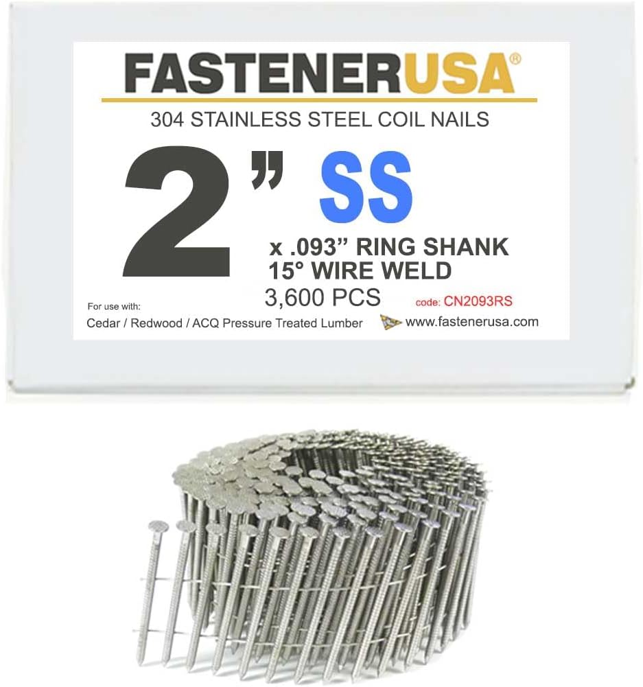 2' x .093 Ring 304SS Coil Nails 15-DEG Wire 3,600ct