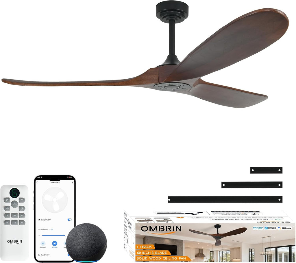 60' Wood Ceiling Fan no Light, Smart Ceiling Fans without Lights with Alexa Google App, Indoor Outdoor Ceiling Fan no Light for Bedroom Porch Modern Propeller 3 Blade High CFM Motor,Red Walnut