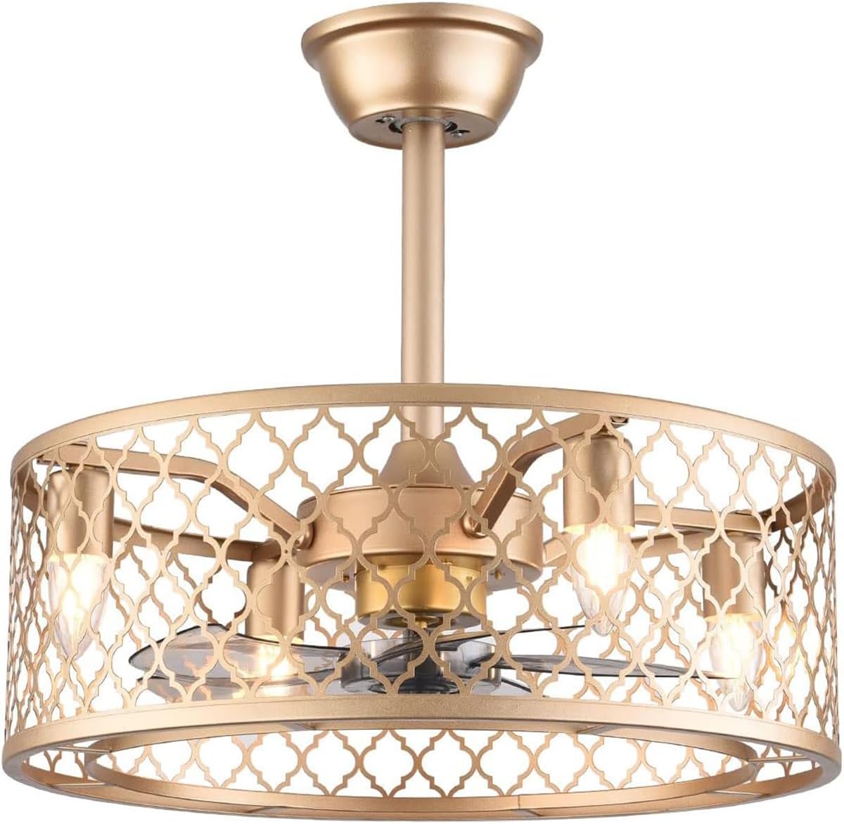 20inch Industrial Ceiling Fan with Lights Enclosed Ceiling Fan Indoor w/ Remote, Gold Caged Retro Ceiling Fan Metal Bladeless Chandelier Fan Lighting Fixture for Living Dining Room Bedroom Kitchen
