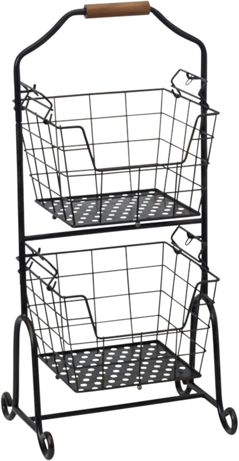 Mikasa Gourmet Basics Ferme 4-Tier Market Basket - Antique Black Wire and Acacia Wood Handle, Kitchen Fruit Vegetable Storage Organizer, 13.5 x 11.5 x 51 Inches