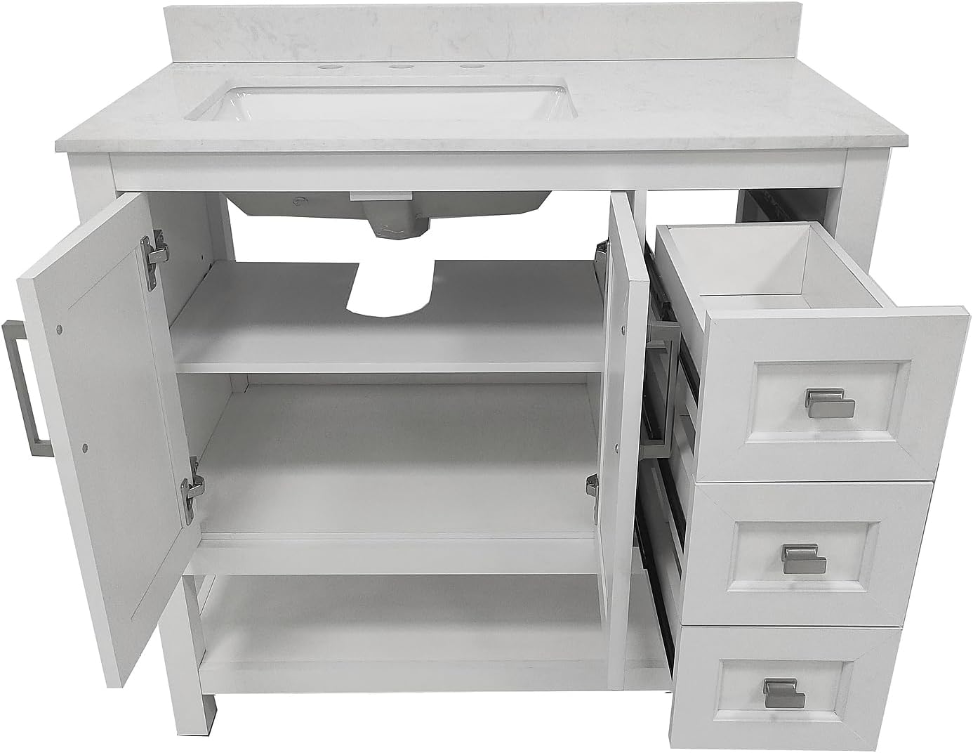 Flash Furniture Vega 36 Inch Bathroom Vanity with Sink, Storage Cabinet with Soft Close Doors, Open Shelf and 3 Drawers, Carrara Marble Finish Countertop, White/White