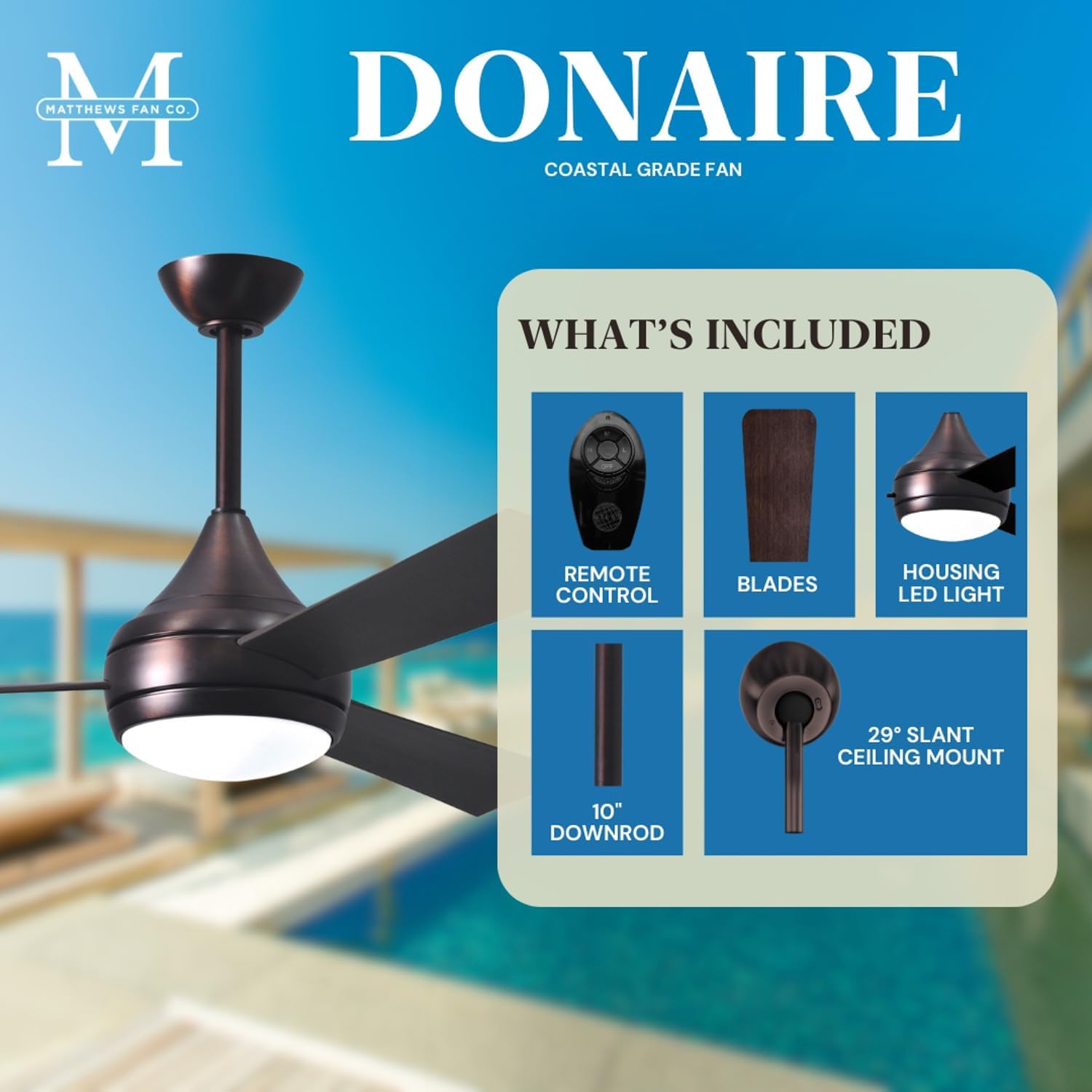 Matthews DA-BB-BB Donaire Outdoor Wet/Salt Water Rated 52' Marine-Grade Coastal Ceiling Fan with LED Light & Remote, Brushed Bronze