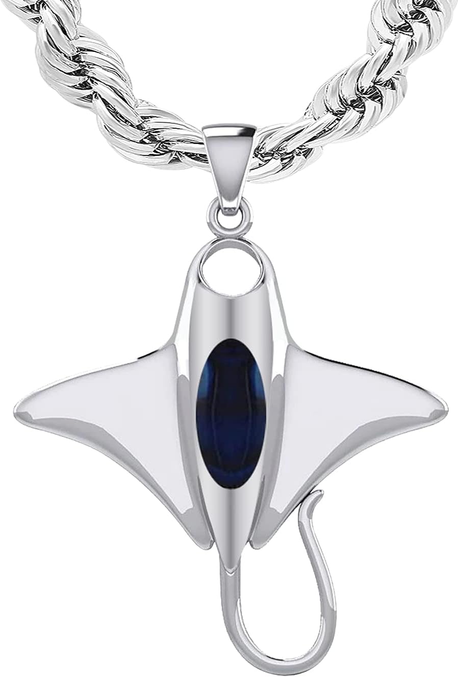 US Jewels Men's 925 Sterling Silver 30.5mm 3D Manta or Sting Ray Aquatic Pendant Necklace, 18in to 24in