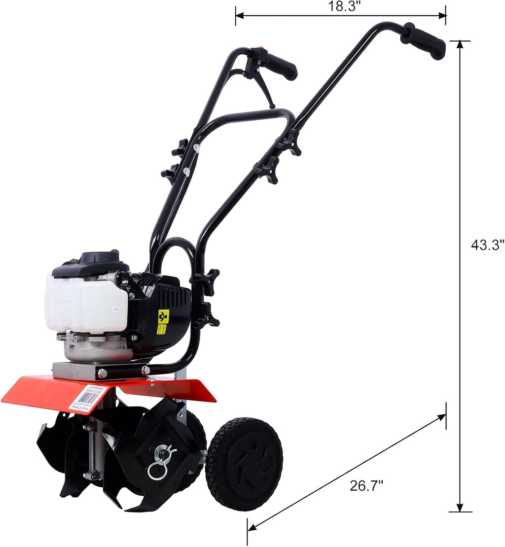 Mini Tiller Cultivator, Tiller Cultivator Gas Powered, 37.7CC 4-Stroke Garden Cultivator, Tiller with 4 Steel Adjustable Front Tines for Lawn, Garden and Field Soil Cultivation - Red