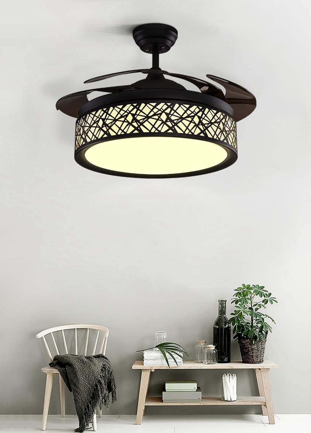 42in Retractable Ceiling Fan with Remote and Lights Black, Modern Silent Chandelier Fans Lighting with 3 Light Colors 3 Speed for Dining/Living Room Hotel