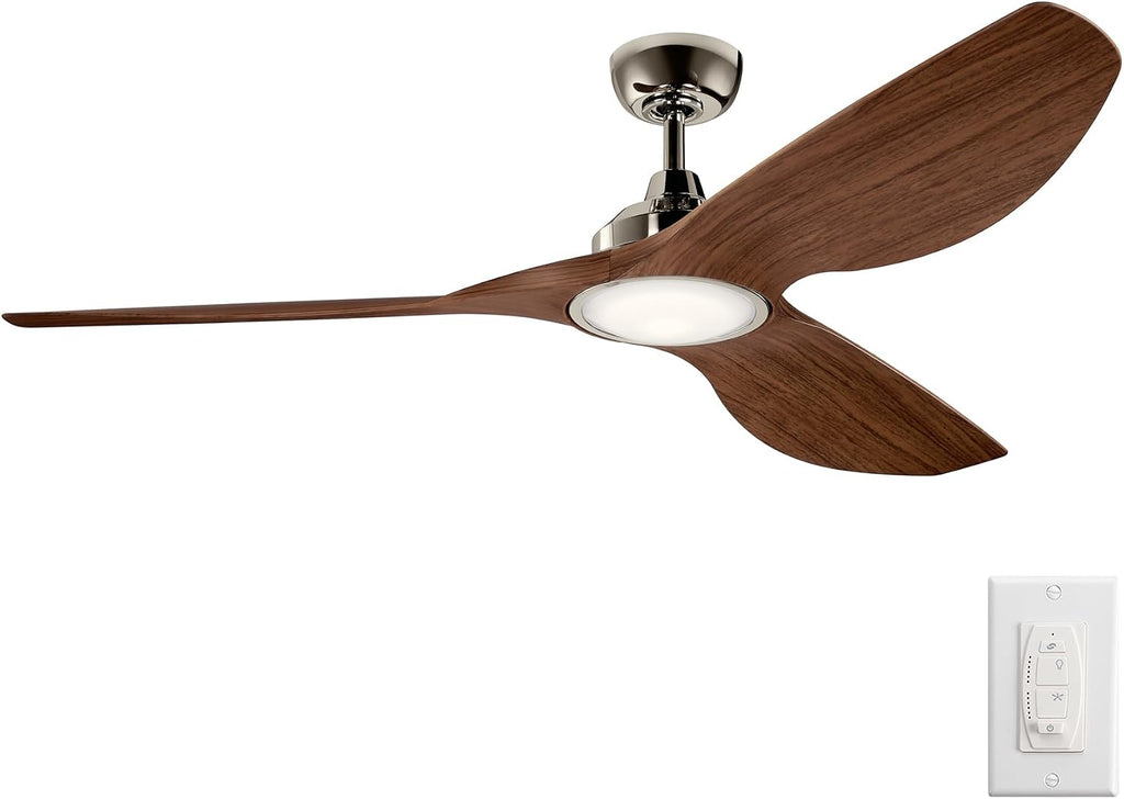 KICHLER 300365PN Protruding Mount, 3 walnut Blades Ceiling fan with 23 watts light, Polished Nickel
