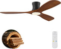 52 Inch Wood Ceiling Fans with Lights Remote,Low Profile Flush Mount Ceiling Fan with Light,Outdoor Indoor Modern Hugger Ceiling fan for Patio Bedroom,Walnut Brown& Black,3 Blades,6 Speeds,Ultra-Quiet