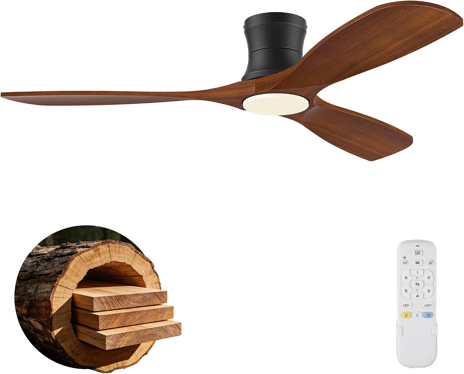 52 Inch Wood Ceiling Fans with Lights Remote,Low Profile Flush Mount Ceiling Fan with Light,Outdoor Indoor Modern Hugger Ceiling fan for Patio Bedroom,Walnut Brown& Black,3 Blades,6 Speeds,Ultra-Quiet