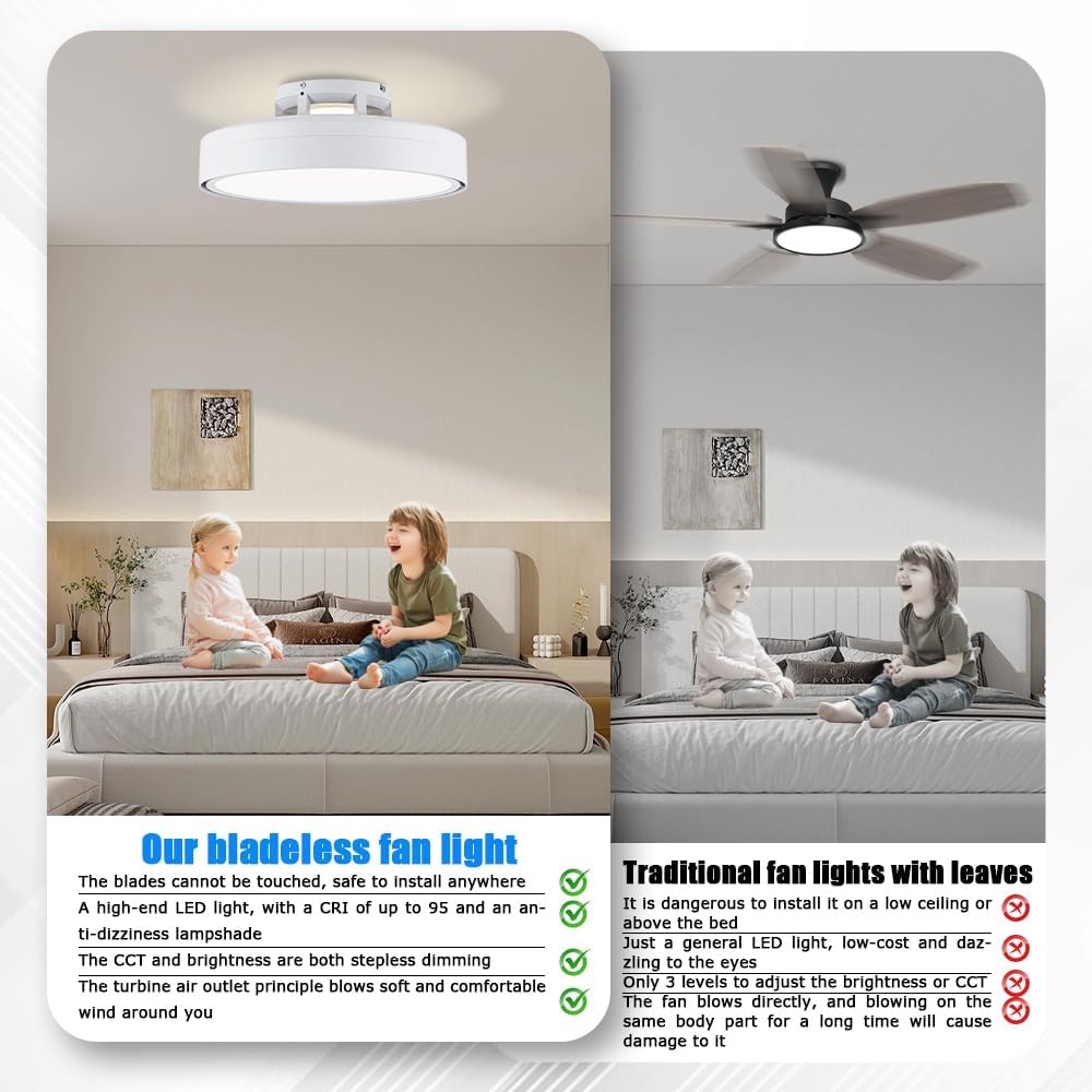 Ceiling Fans with Lights and Remote, Flush Mount Modern Bladeless Ceiling Fan with Light, 6 Speeds, Stepless dimming and CCT 3000K-6000K LED Lights for Bedroom, Study Room (White, 17.7″)