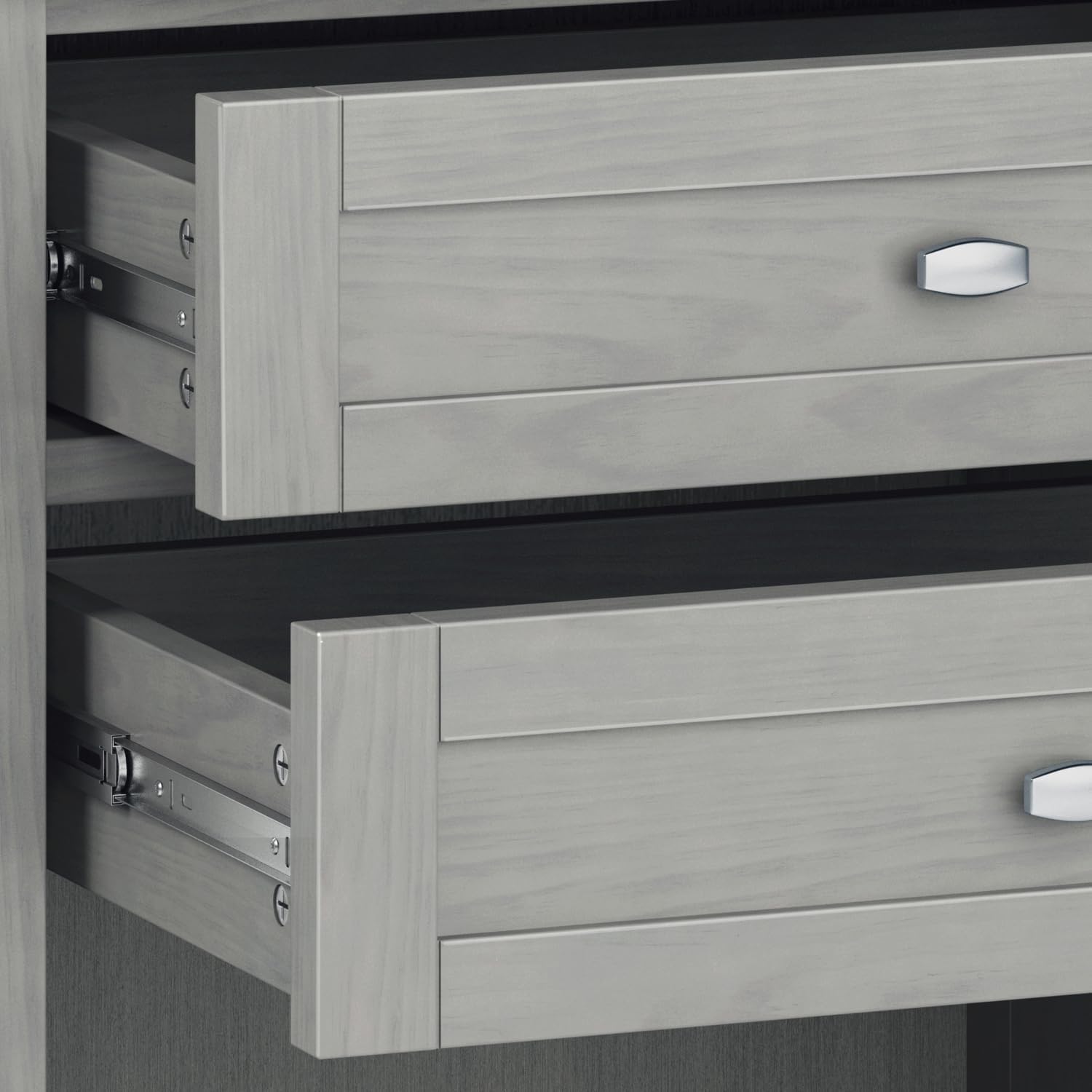 SIMPLIHOME Warm Shaker Bedside Table - 24 inch Wide Solid Wood Nightstand in Fog Grey, Transitional Bedroom Side or End Table with 2 Drawers, Open Shelf Storage and Brushed Nickel Hardware