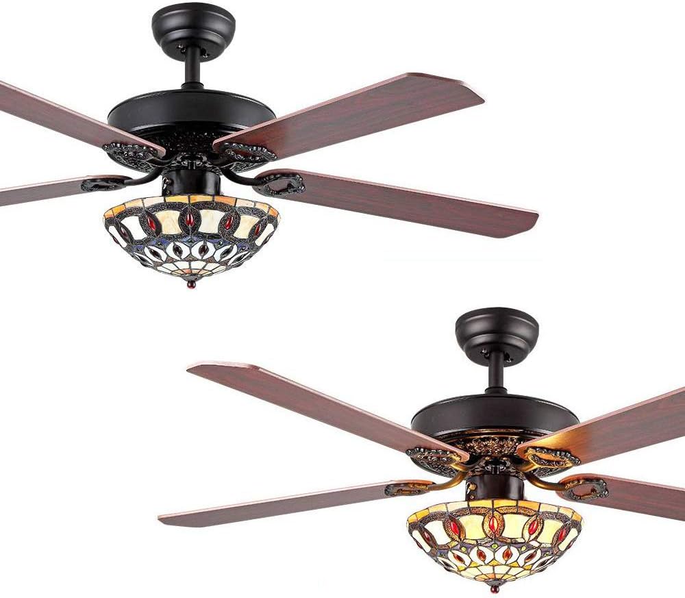 TFCFL 52' Ceiling Fan with Light, Tiffany Style Retro Stained Glass Chandelier Fan with Controller 4 Reversible Wood Blades 3-Speed (Black)
