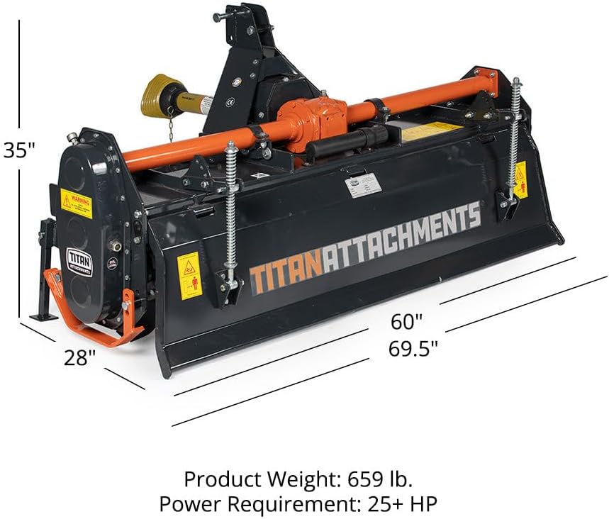 Titan Attachments 3 Point 60' Rotary Tiller Attachment Fits Cat 1 Tractors, Charcoal Finish, Single Speed PTO Driven Cultivator with a 540 RPM Gearbox, Replaceable L-Shaped Tines Work 5' Deep