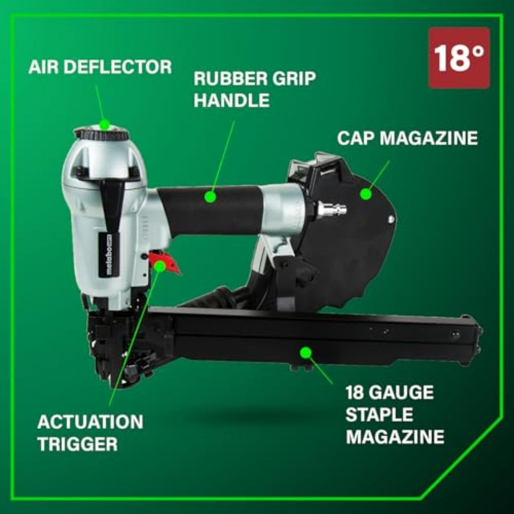 Metabo HPT Cap Stapler, Pro-Preferred Pneumatic Power Nailers, Crown Stapler for Roofing Felt, Foam Insulation & House Wrap, 18 Gauge, Up to 200 7/16' Crown Staples, Length 7/8' to 1-1/2', N3808AP