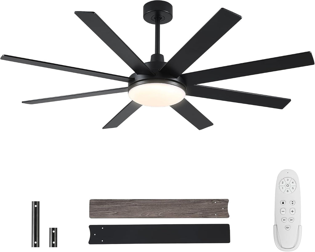 Ceiling Fans with Lights and Remote - 62 Inch Black Modern Ceiling Fan with Light for Bedroom Living Room Kitchen Indoor - 6 Speed Reversible DC Motor Timer 3 CCT Dimmable