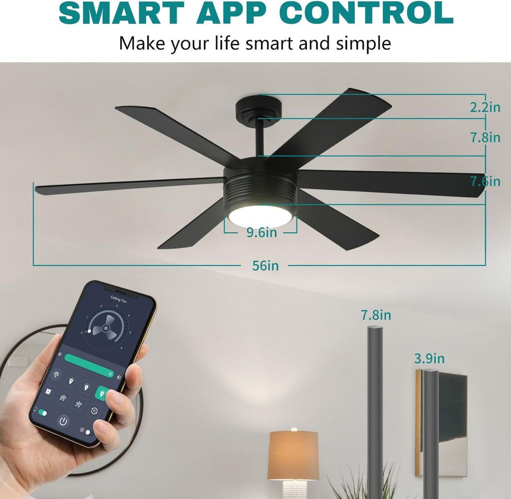 SHOWDI Black Ceiling Fans with Lights and Remote, Quick Installation, 56 in | 2 Blade Color, Metal Material, App Remote Control, Timer, Reversible, 3CCT, Dimmable for Bedroom, Living room, Indoor