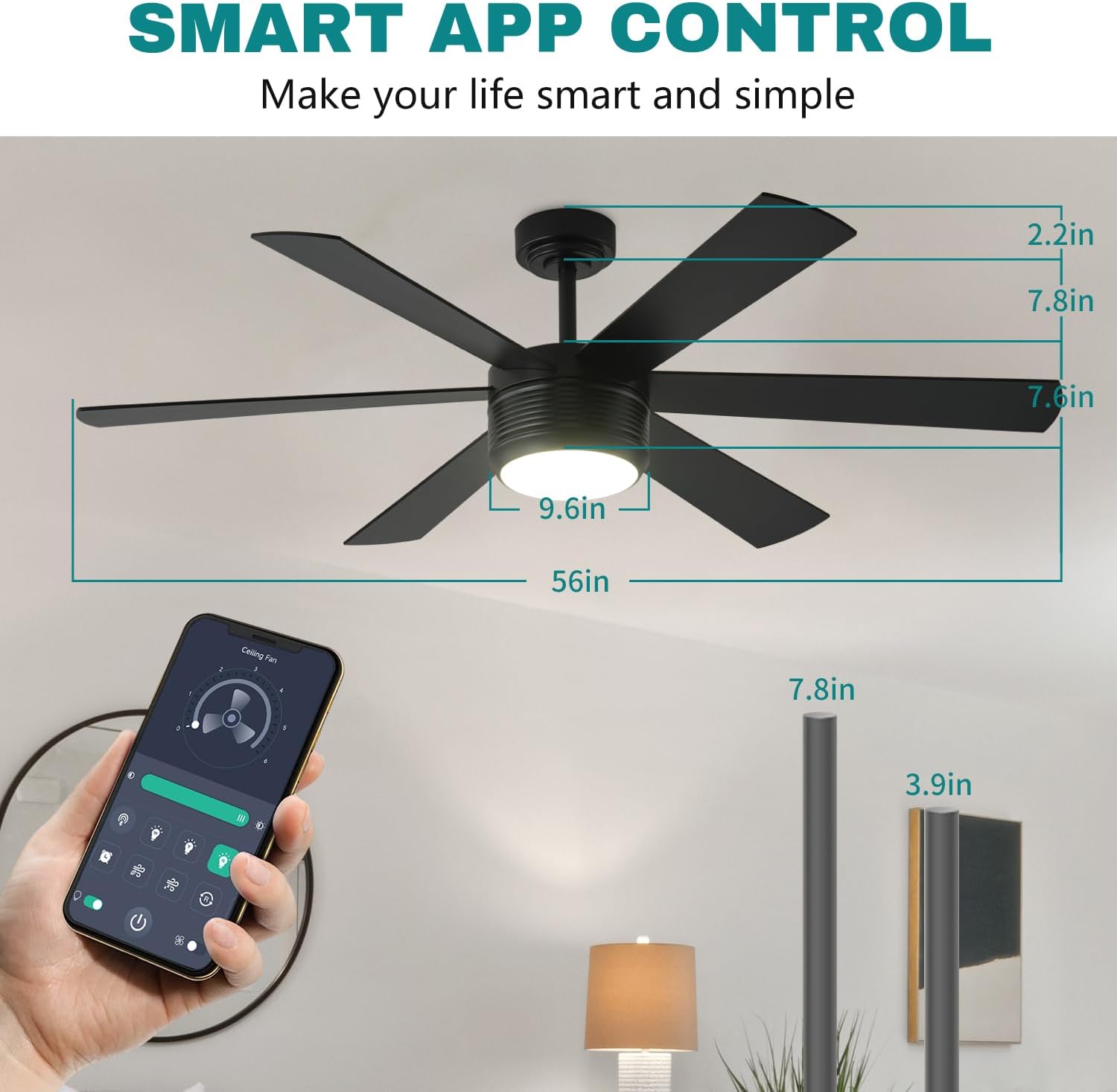 SHOWDI Black Ceiling Fans with Lights and Remote, Quick Installation, 56 in | 2 Blade Color, Metal Material, App Remote Control, Timer, Reversible, 3CCT, Dimmable for Bedroom, Living room, Indoor