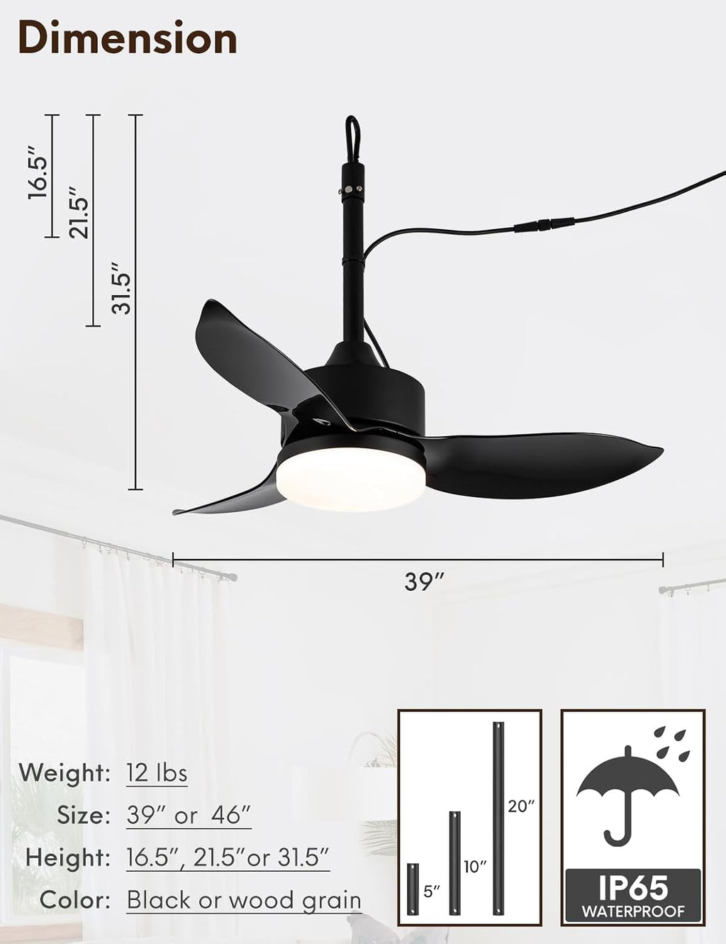 EKIZNSN Outdoor Plug In Ceiling Fan with Light and Hook, 39' IP65 Waterproof Wet Rated Patio Ceiling Fans, Black