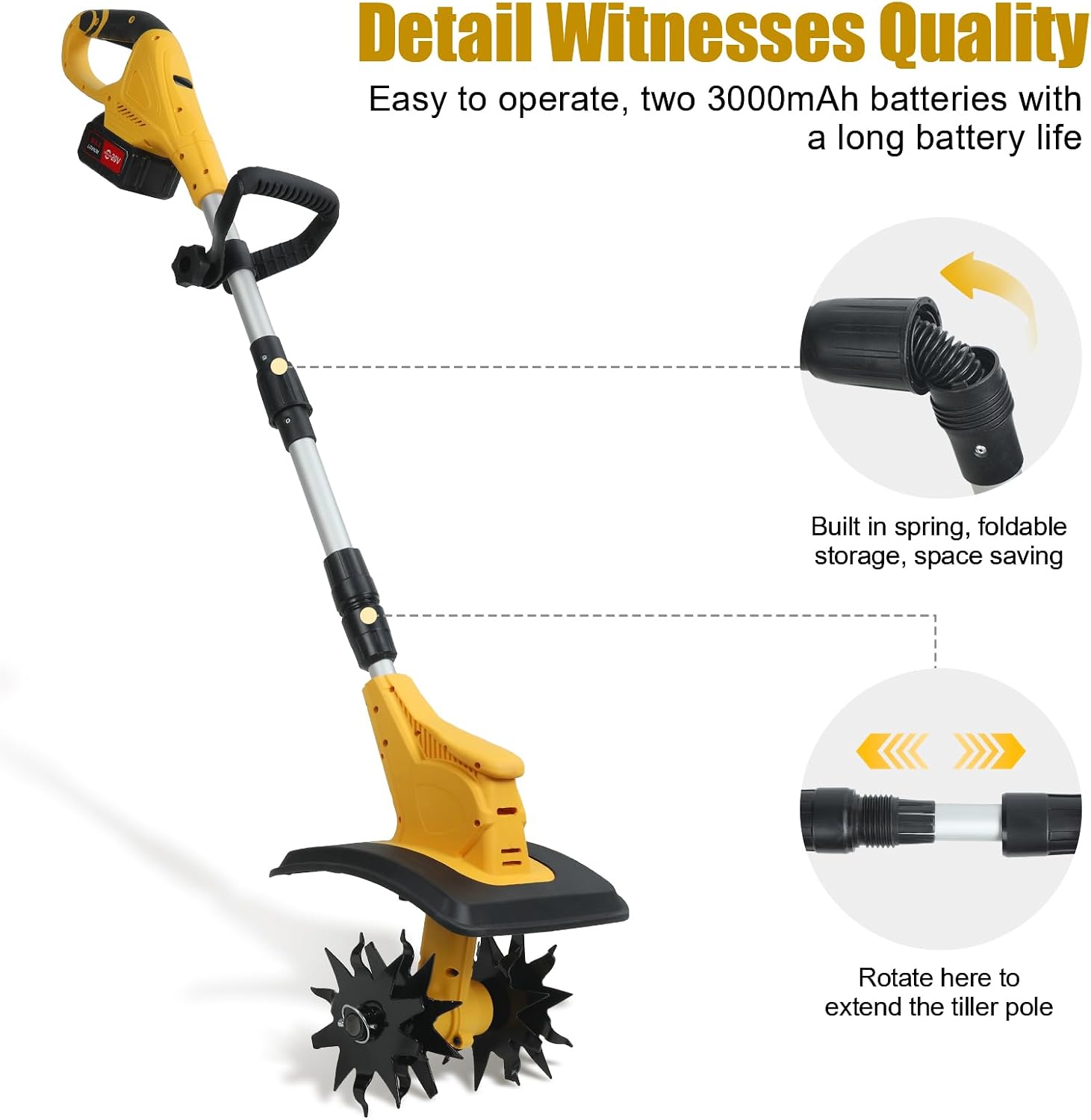 21V Cordless Tiller Cultivator, Battery Powered Electric Tiller with 9-Inch Tilling Width & 6.6-Inch Depth, 310RPM, 48 Steel Tines, 2x3000mAh Batteries, Max Power 500W (Yellow)