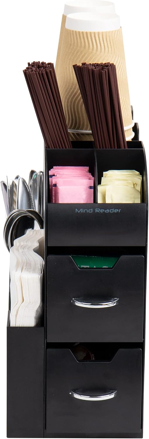 Mind Reader Cup and Condiment Station, Countertop Organizer, Coffee Bar, Kitchen, Stirrers, 5.35' W x 11.25' L x 11.15' H, Black (Pack of 8)