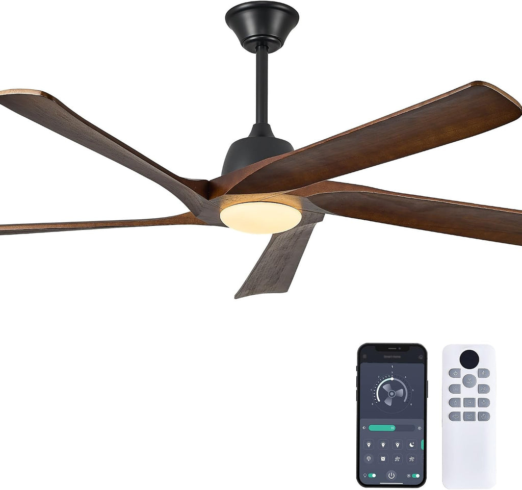 60' DC Ceiling Fan with Light, Solid Wood Ceiling Fan with Remote and APP Control, 3-color Dimmable, 6-speed Reversible Fans for Bedroom, Living Room, Dark Walnut