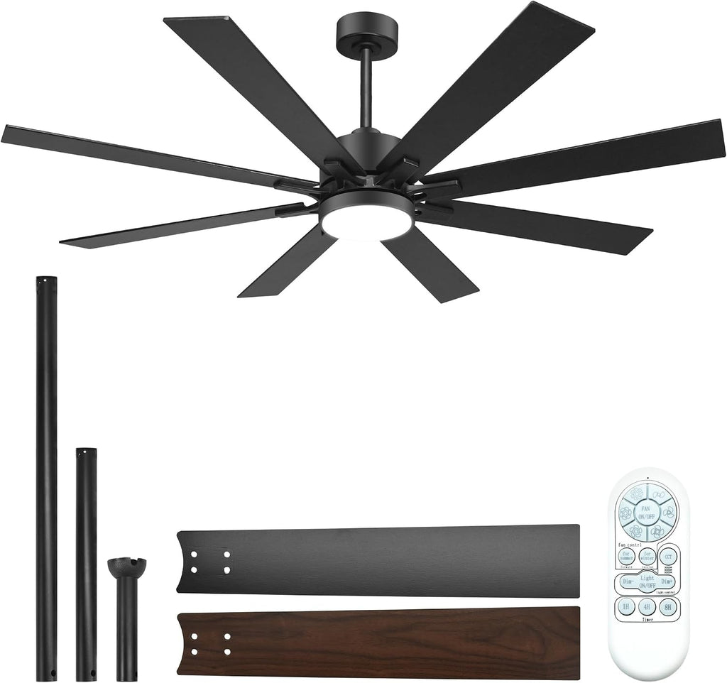 62 Inch Ceiling Fans with Lights and Remote Control, Low Profile & Downrod Mount 8-Blade Modern Black Ceiling Fan, 3CCT Dimmable LED Light, Quiet DC Motor for Bedroom Living Room, ETL Listed