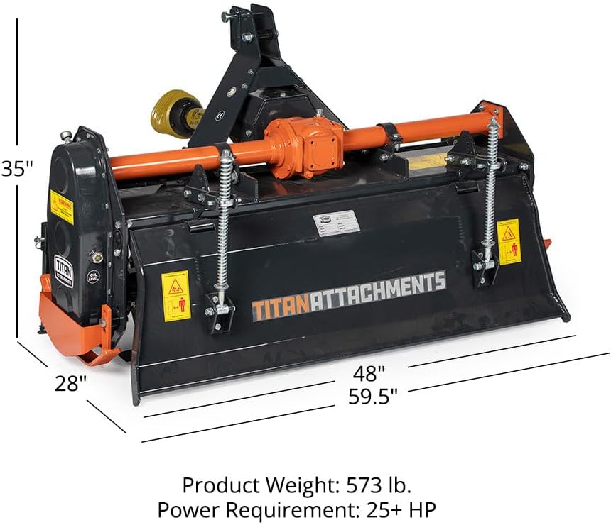 Titan Attachments 3 Point 48' Rotary Tiller Attachment Fits Cat 1 Tractors, Charcoal Finish, Single Speed PTO Driven Cultivator with a 540 RPM Gearbox, Replaceable L-Shaped Tines Work 5' Deep