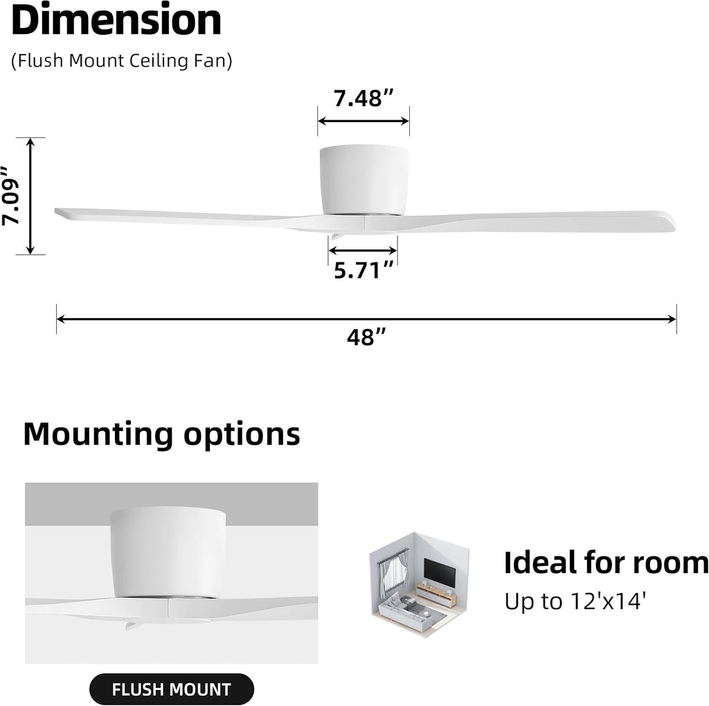 WINGBO 48 Inch Flush Mount DC Ceiling Fan without Lights, 3 Carved Wood Blades, 6-Speed Noiseless Reversible DC Motor, Hugger Ceiling Fan No Lights in Gloss White Finish, ETL Listed