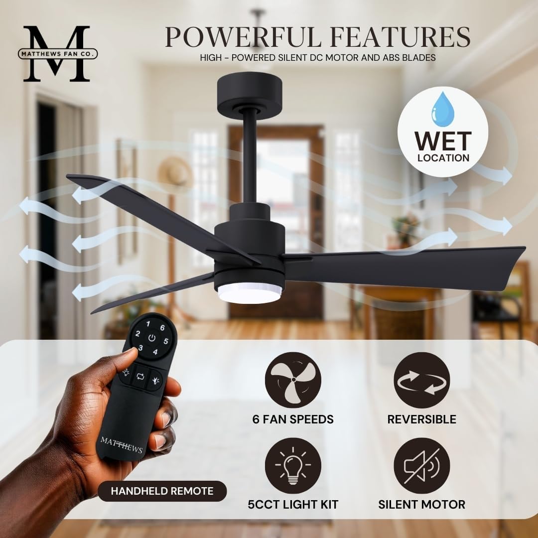 Matthews AKLK-BK-BK-56 Alessandra Wet Rated 56' Outdoor Ceiling Fan with Light and Remote, Silent DC Motor, 3 ABS Blades, Matte Black