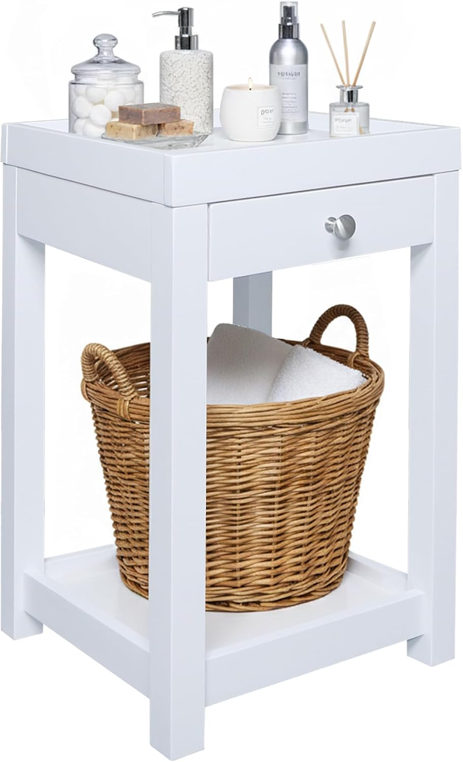 Casual Home Solid Wood Bath Tray Side Table with Drawer, White