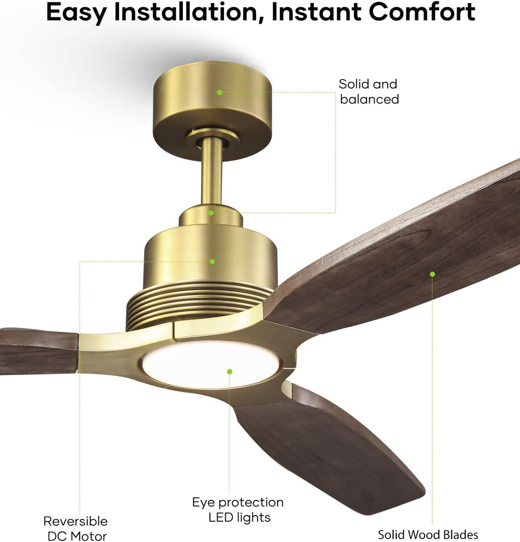 56 Inch Wood Ceiling Fan with Lights and Remote, Gold Brass Farmhouse Ceiling Fan, 3 Wood Blades, Dimmable LED, Quiet DC Motor, Reversible, Rustic Ceiling Fan for Living Room Bedroom