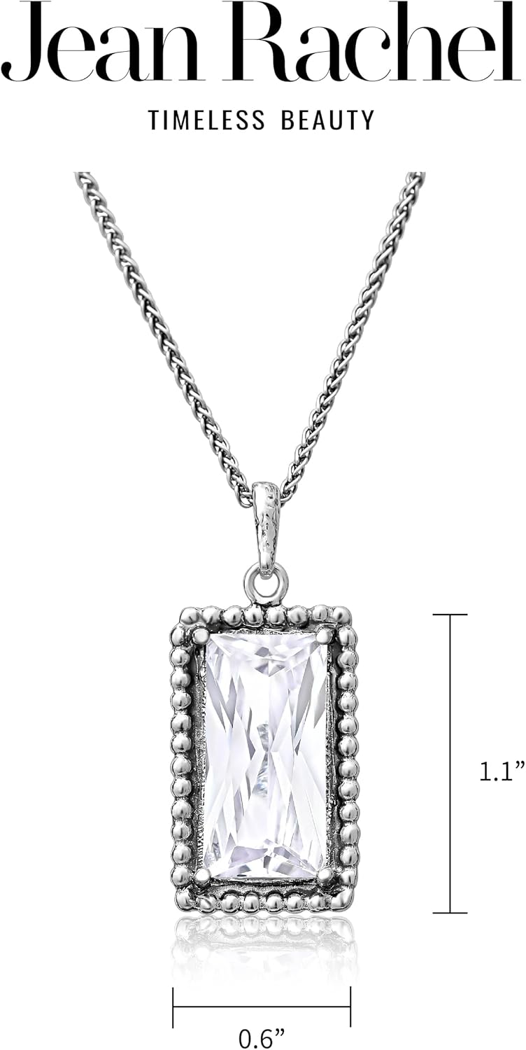 JEAN RACHEL JEWELRY 925 Sterling Silver Necklace for Women - Baguette with Cubic Zirconia Vintage Design - Hypoallergenic, Lead & Nickel Free - Artisan Handcrafted Statement Necklace