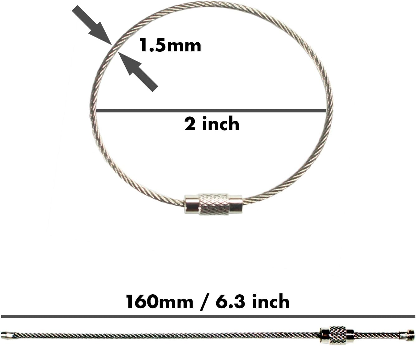 Stainless Steel Wire Keychains 1.5mm 6.3 Inches Aircraft Cable Key Ring Loops for Hanging Luggage Tags or ID Tags (500 Pack)